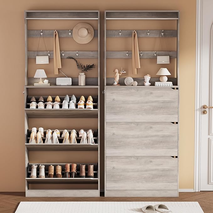 Shoe Storage Cabinet, Wood Shoe Organizer for Entryway with 3 Flip Drawers, Freestanding Shoe Rack with Adjustable Shelf, Narrow Shoe Dresser for Front Door Entrance(Grey, 78.74" x 31.5" x 9.37")
