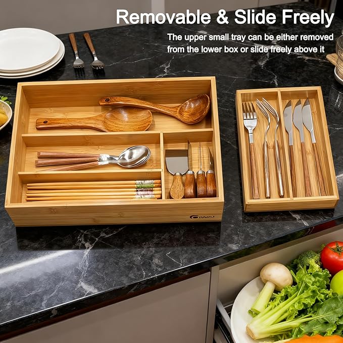 2-Tier Drawer Organizer with Removable Cutlery Tray Kitchen Utensil Silverware