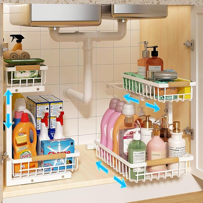 REALINN Under Sink Organizer, 2 Pack Height Adjustable Under Sink Organizers and Storage, 2 Tier Pull Out Drawer Cabinet Storage for Kitchen Bathroom, White