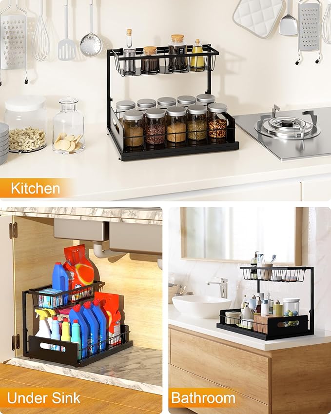 Mythinglogic Metal Under Sink Organizer and Storage, 2 Tier Under Sink Organizer, Pull Out Under Cabinet Organizer Shelf for Kitchen Bathroom and Laundry Room