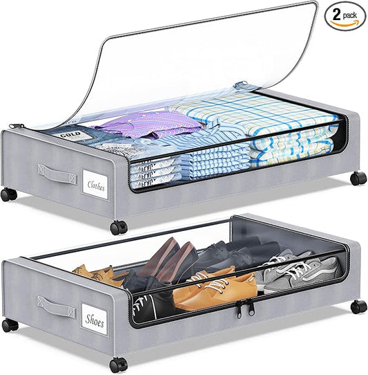 YAASHEEN Under Bed Storage with Wheels, 2-Pack Under the Bed Storage Containers with Clear Lids & Label, Underbed Storage Bins, XXL 60L Rolling Metal Drawer for Clothes, Shoes, Toys, Books - Gray