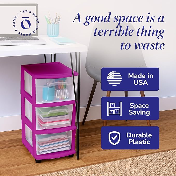 Drawer Tower, 3-Tier Clear Plastic Storage Organizer Cart, Purple Frame