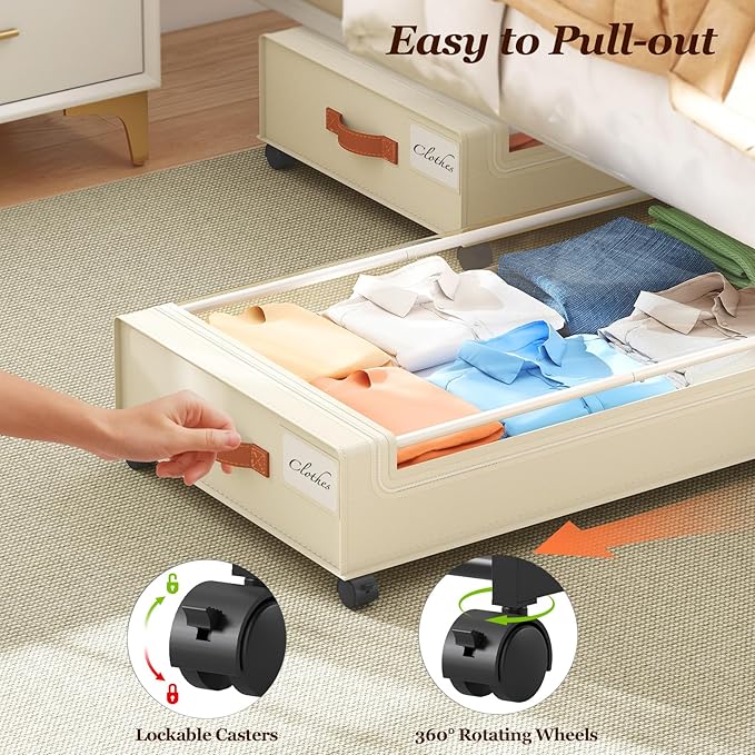 Yecaye Under Bed Storage with Wheels 2 Pack, 85 L Extra Large Under Bed Storage Containers with Metal Frame & Clear Lid, Rolling Underbed Organizer Bins Drawers for Clothes, Shoes, Blankets, Beige