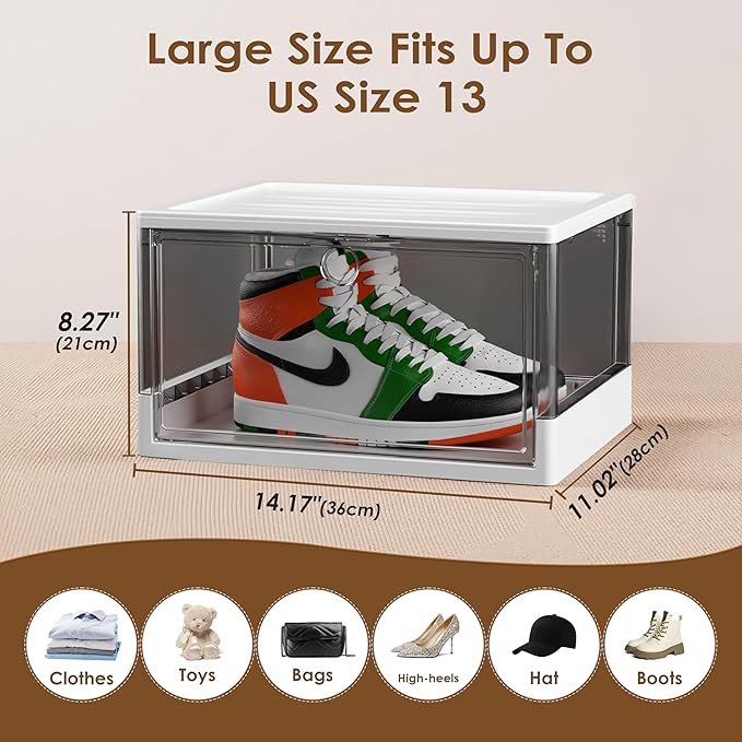 Clear Stackable Shoe Boxes with Magnetic Door, 3 Pack Thick Plastic Shoe Organizer for Closet, Dustproof Storage, Fits up to US Size 13