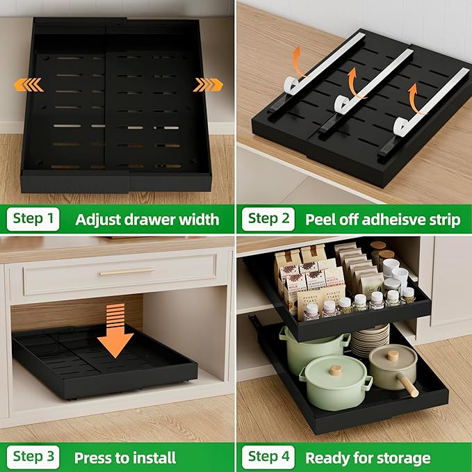 4 Pack Expandable Pull Out Cabinet Organizer, Black, 21"D X 9-14"W