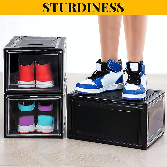 MMBABY 12 Pack Acrylic Black Shoe Boxes– Ultra Plastic Stackable Sneaker Storage For Sneakerhead. Professional Grade Shoe Display Case with Clear Magnetic Door.Fits US Size 15