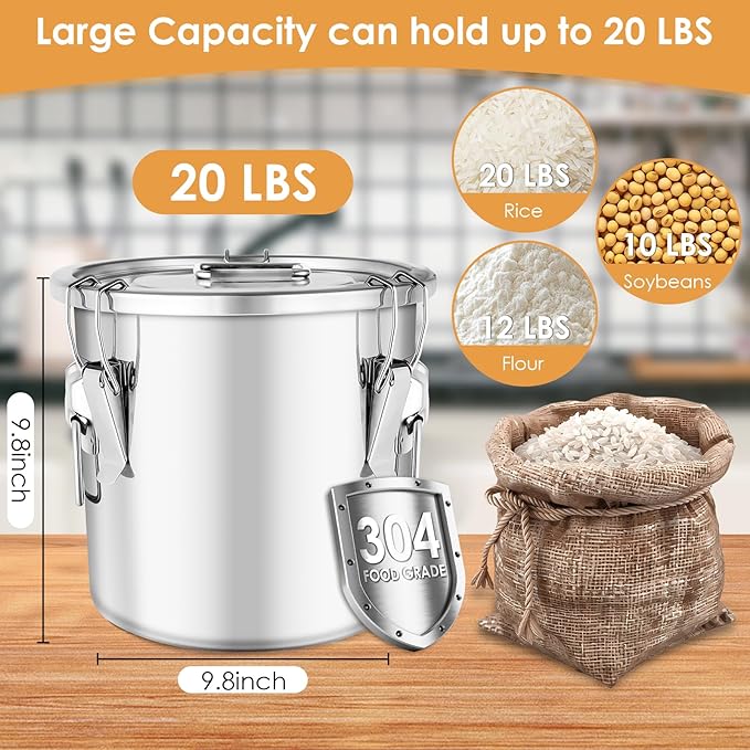 304 Stainless Steel Food Containers with Lids,12L/20LBS Airtight Food Storage Containers with Lock Clips for Flour Rice Sugar Coffee Bean,Stainless Steel Food Storage Containers for Kitchen