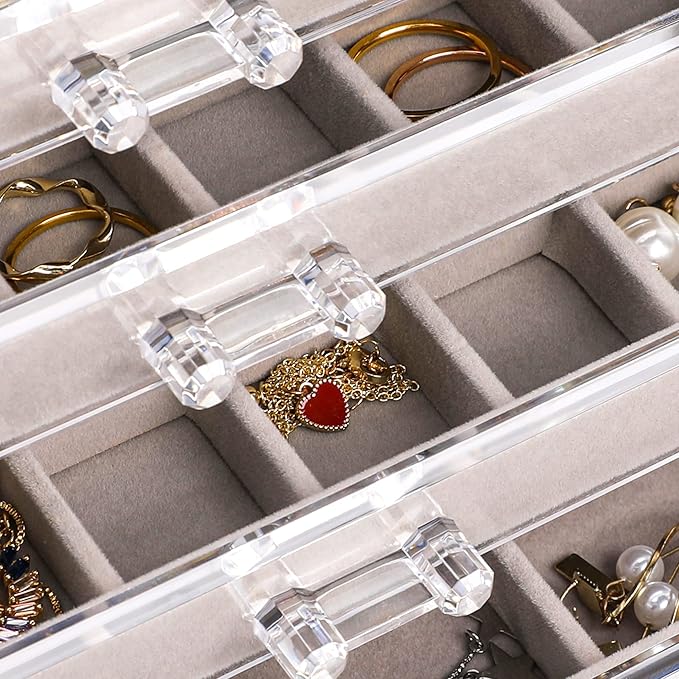 Frebeauty Acrylic Jewelry Organizer Earring Organizer Box with 5 Drawers Earring Holder Organizer with Velvet Trays Clear Jewelry Box for Women Earring Display for Rings Studs(Grey)