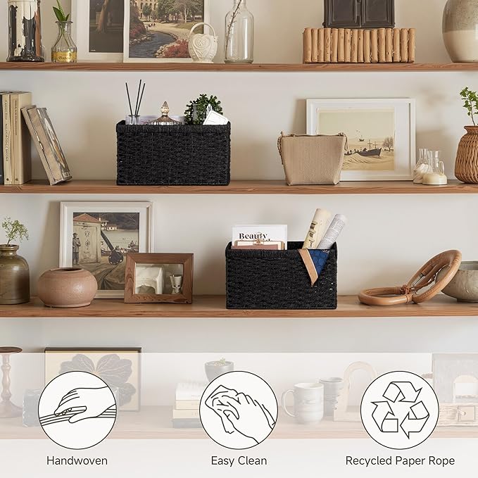 StorageWorks Pantry Baskets, Wicker Storage Baskets for Organizing, Pantry Organizers and Storage, Medium, Black, 2-Pack