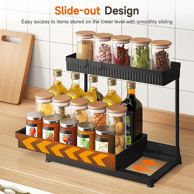 Sevenblue 3 Pack Multi-Purpose Pull-Out Storage Organizers, 2-Tier L-Shaped Under Sink/Cabinet Organizers and Storage for Bathroom & Kitchen, (Black, 12.85 Inches)