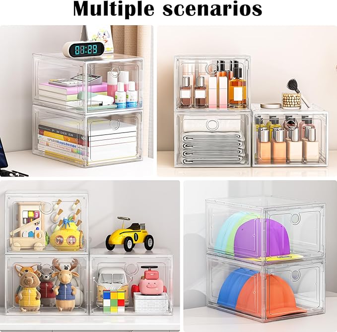 ARSTPEOE 12 Pack Upgrade Harder Shoe Organizer, Shoe Storage with Magnetic Front Door, Clear Shoe Boxes Foldable Space-Saving Shoe Rack for Sneaker Boot Container, White