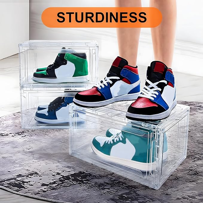 12 Pack Acrylic Clear Shoe Boxes– Ultra Clear Plastic Stackable Sneaker Storage For Sneakerhead. Professional Grade Shoe Display Case with Magnetic Door .Boots and Hat Organizer.Fits US Size 15