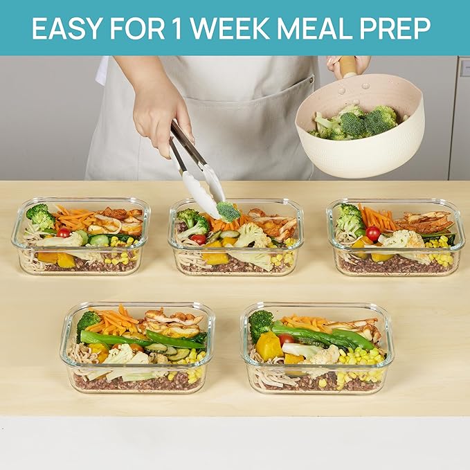 Vtopmart 10 Pack 35oz Glass Food Storage Containers with Lids, Meal Prep Containers, Airtight Reusable Lunch Container Set, Safe for Oven, Microwave, Freezer, and Dishwasher, Grey