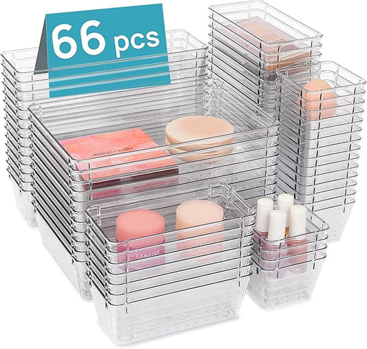 66 PCS Clear Plastic Drawer Organizer Bins