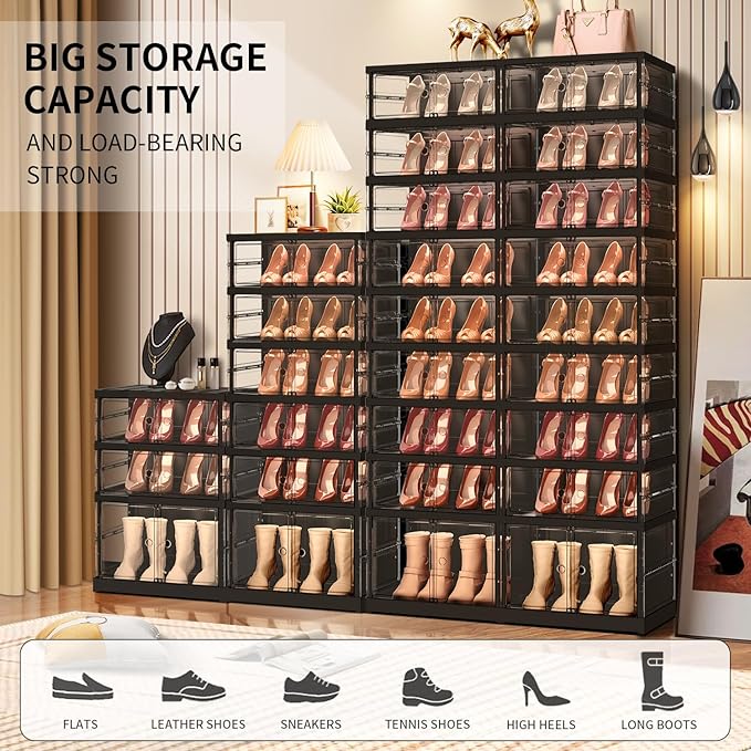 CIMLORD 6-Tier Foldable Shoe Rack for Closet Entryway 12-24Pairs,Stackable Clear Shoe Storage Boxes Organizer with Door Plastic Shoe Cabinet Bins with Lids Shoes Shelf Easy Assembly Large Black