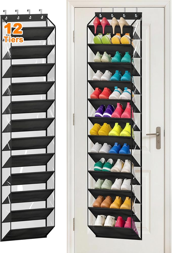 MISSLO 36 Pairs Clear Over the Door Shoe Organizer Closet Hanging Shoe Rack for Door with Large Deep Pockets Shoes Hanger Holder for Sneakers, Boots, Heels Storage (Black)