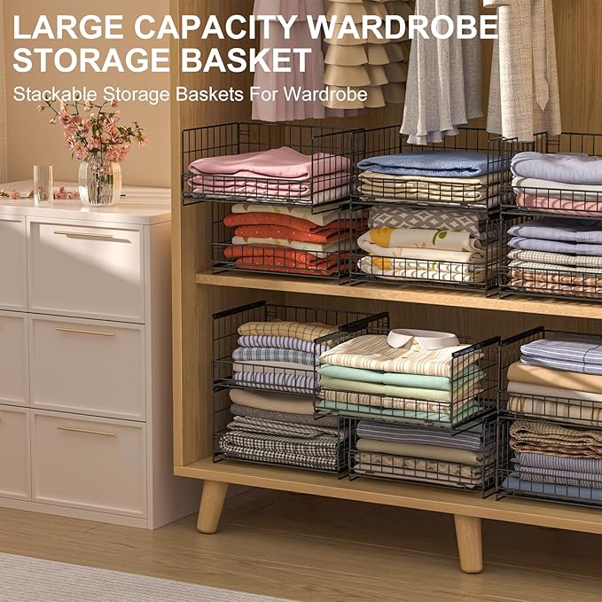Hongtamoya 4-Tier Sliding Closet Organizers and Storage Shelves, Stackable Closet Shelf Organizer Basket Bins, Drawer Shelf Storage Container for Wardrobe Cupboard Kitchen Bathroom Office, Black