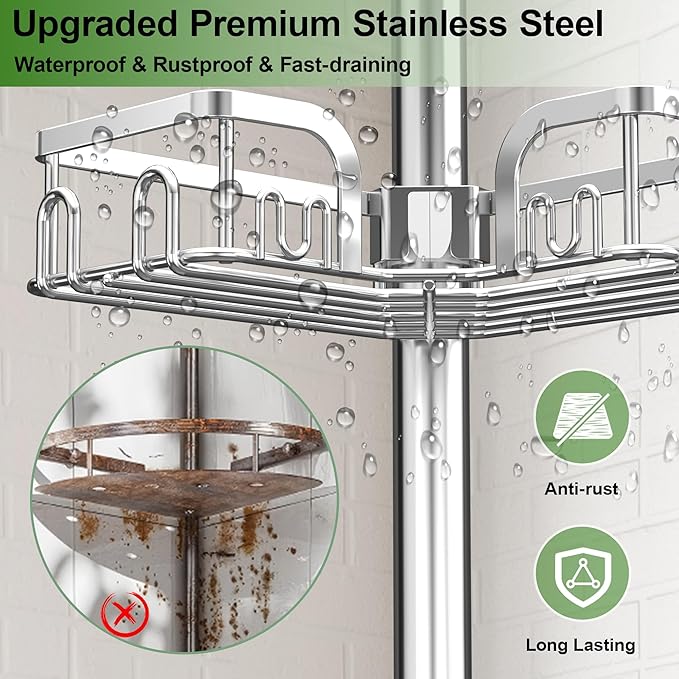 Corner Shower Caddy Tension Pole 4 Tier Adjustable Stainless Steel Shower Shelf for Inside Shower Bathtub Shampoo,Standing Bathroom Organizer Shelves with 39 to 113 inch Height