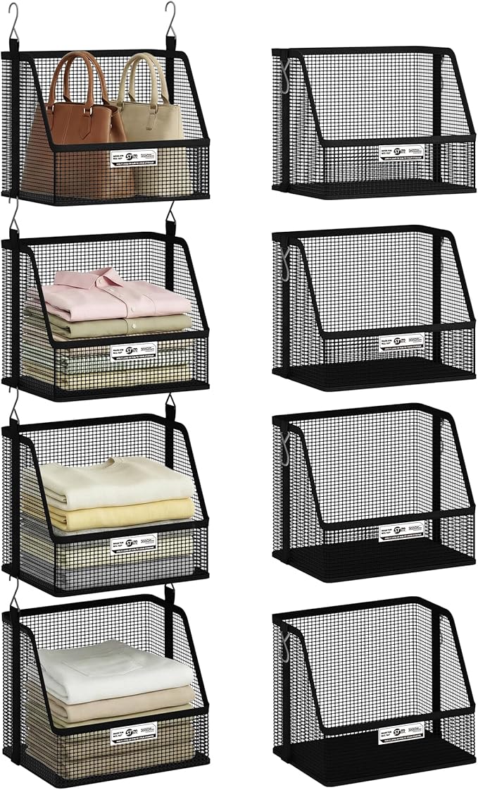 STORAGE MANIAC 4 Tier Hanging Closet Organizer with Mesh Baskets, Clothes Hanging Shelves, Foldable Stackable Storage, Space-Saving Collapsible Basket with Hooks for RV, Dorm, Bedroom, College, Black