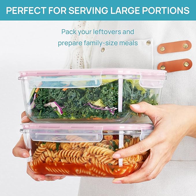 Vtopmart 2Pack 1860ml/63oz Large Glass Storage Containers with Lids, Meal Prep Food Container Set with Snap Airtight Lid for Baking, Microwave, Oven, Leak Proof, for Freezer, Dishwasher, Pink