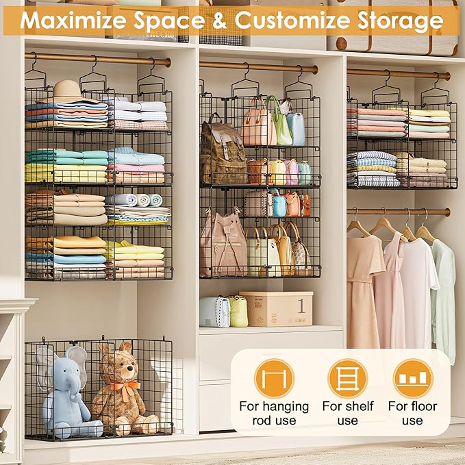 Hanging Closet Organizer with DIY Spacing, Double-Row Closet Hanging Shelves with 4 Adjustable Dividers & 6 Hooks, Heavy Duty Metal Closet Storage Organizer with Front Guard, Split into 2 Units