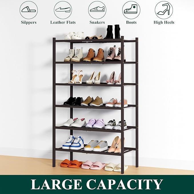Smiry Bamboo Shoe Rack, 6 Tier Free Standing Wooden Shoe Organizer, Stackable Wood Shoe Storage Shelf for Closet, Entryway, 14 Vertical Slats, 2+2+2 Stack Heavy-Duty Legs, 26.8"x11"x39", Brown