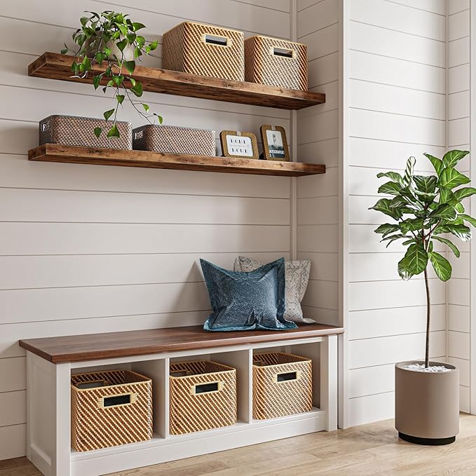Fixwal Wood Floating Shelves for Wall, 47" Long Heavy Duty Wall Mounted Shelves for Living Room, Bedroom, Bathroom and Kitchen, Wall Shelves for Storage, Books, Room Decor (Rustic Brown, Set of 2)