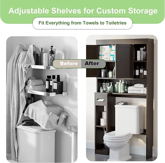 Over The Toilet Storage Cabinet with 7 Shelves, Imitation Walnut Grain Above Toilet Bathroom Organizer with Toilet Paper Holder Stand, Space Saver for Restroom, Laundry, Bathroom (Espresso)