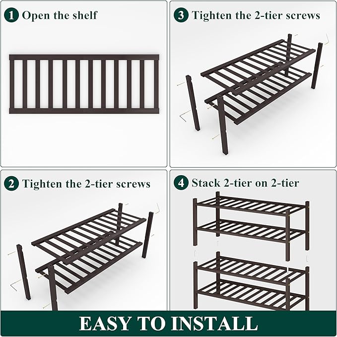 Smiry Bamboo Shoe Rack, 4 Tier Free Standing Wooden Shoe Organizer, Stackable Wood Shoe Storage Shelf for Closet, Entryway, 14 Vertical Slats, 2+2 Stack Heavy-Duty Legs, 26.8"x11"x26", Brown