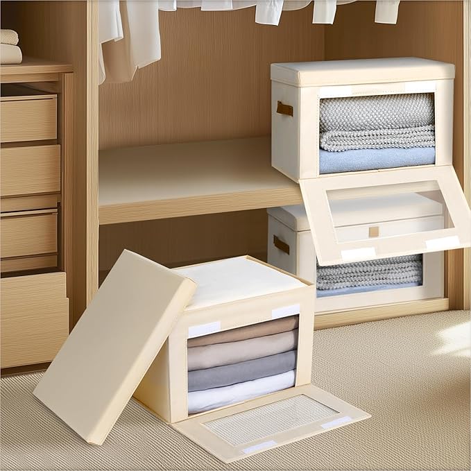 Homsorout Small Fabric Storage bins - Collapsible Storage Bins with Open Window, 2 Pack Closet Baskets for Shelves, Stackable Decorative Boxes for Home, Dorm, Beige, 13.7"x 9.8"x 9.8"