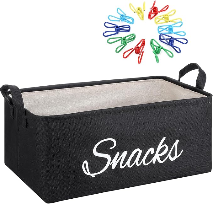 Newtay 17 Pcs Snack Basket Sets, Snack Storage Bin for Pantry Shelves with 16 Pcs 2 Inch Chip Clips, Basket Organizer for Kitchen Home, Chips, Popcorn, Candy, Pretzels(Burlap,Black)