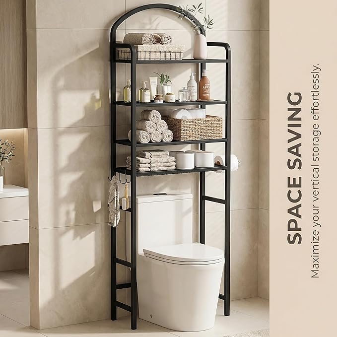 4-Tier Over The Toilet Storage, Bathroom Organizer, Space-Saving, 72" H Above Toilet Storage Rack with 4 Hooks and Paper Holder, Metal Shelf, Black