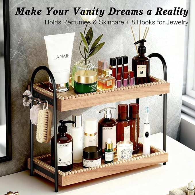 Large 2-Tier Bathroom Countertop Organizer with 8 Jewelry Hooks, 17.3" Eco-Coated Wood Vanity Tray for Perfume & Makeup, Skincare Storage Shelf for Dresser Coffee Bar Kitchen (Light Brown & Black)