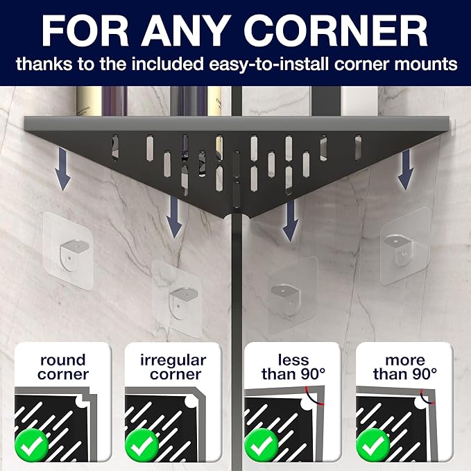Corner Caddy Bathroom Shower Shelf - Adhesive / Drill / No Drill Shelves - 14" Strong Corner Black Floating Shower Shelves - Triangle Shelf Bathroom Shower for Inside Shower, Tiled Wall, Caddies