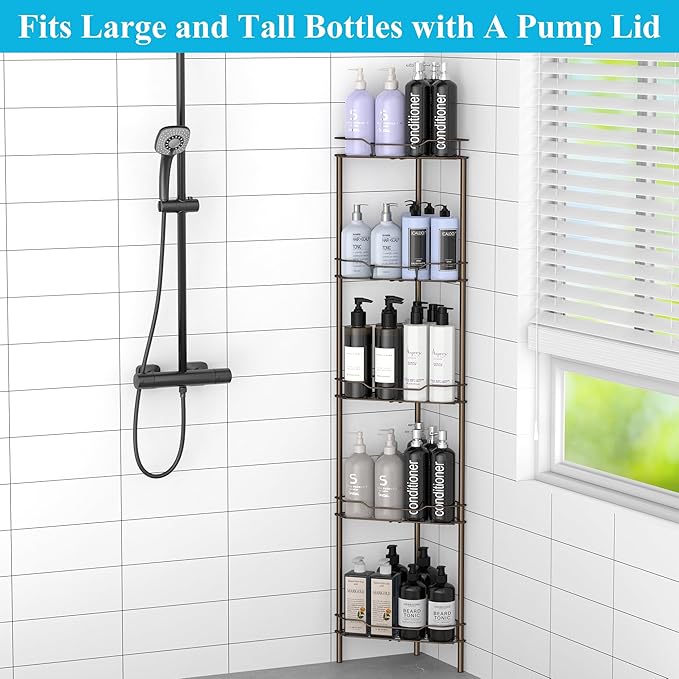 5 Tier Floor Standing Corner Shower Caddy Organizer Shelf with Hooks, Bronze