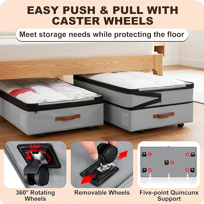 2 Pack Under Bed Storage with Wheels, Adjustable-Height Rolling Storage Containers with Clear Lids, 76L XXL Durable Underbed Organizer Bins for Clothes, Shoes, Blankets, Bedroom, Dorm, Closet - Gray