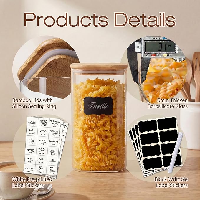 HomArtist Square Glass Jars with Bamboo Lids 27 FL OZ [Set of 6], Glass Canisters with Airtight Lids, Glass Food Storage Containers for Coffee, Sugar, Tea, Candies, Cookies,Best for Kitchen & Pantry