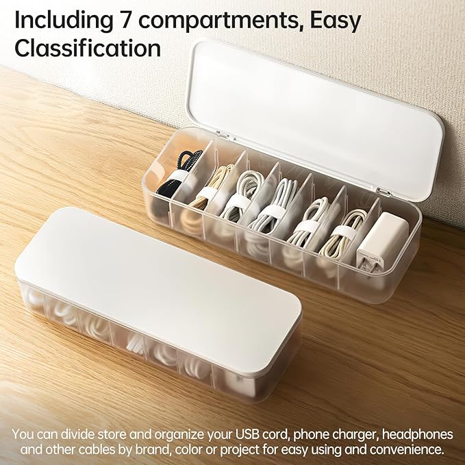 PAVSTINE Cable Organizer Storage Box with 7 Wire Ties,Desktop Cable Management Box with Lid,Power Cord Organizer with 7 Compartments for Office,Home,Desk Accessories Storage Stationery Supplies White
