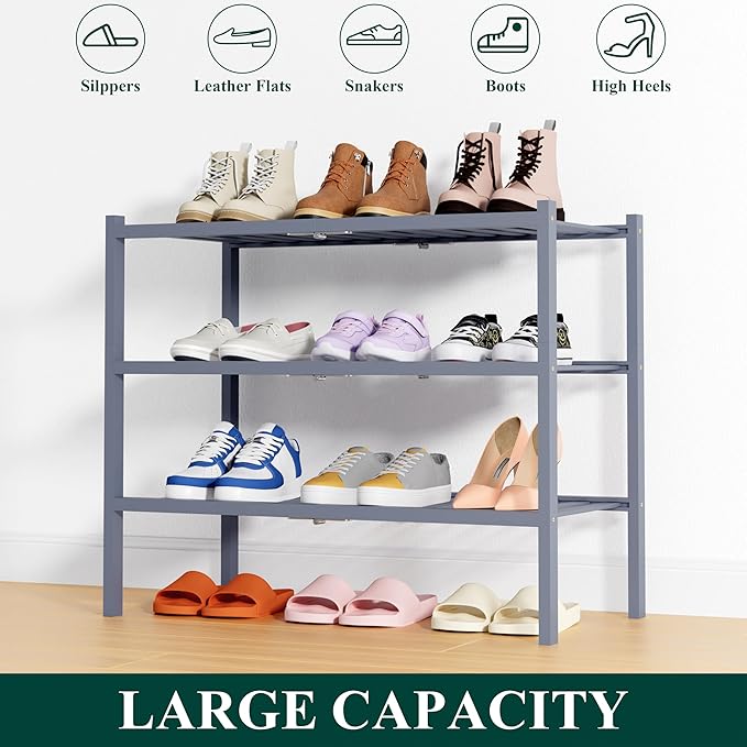 Smiry Bamboo Shoe Rack, 3 Tier Free Standing Wooden Shoe Organizer, Stackable Wood Shoe Storage Shelf for Closet, Entryway, 14 Vertical Slats, 2+1 Stack Heavy-Duty Legs, 26.8"x11"x19.5", Grey
