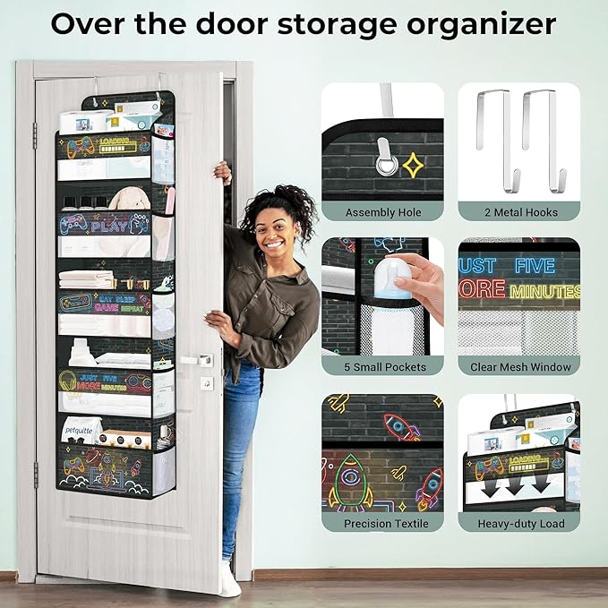 Clastyle Neon Video Gamer Over the Door Organizer with Clear Window Mesh Pocket 44 lbs Weight Capacity Nursery Hanging Shelf for Diaper Toy Closet Door Storage for Bedroom Bathroom Pantry