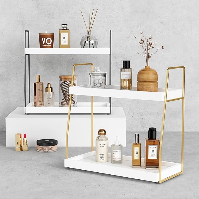 Bathroom Organizer Countertop, 2 Tier, White and Gold