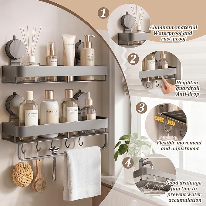 Wide Aluminum Suction Cup Shower Caddy(2-Pack Gray),Shower Shelves for Bathroom Wall,Wall Mounted Bathroom Shelves with Towel Bar & Hooks
