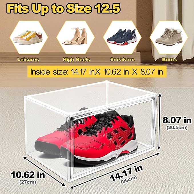 Clear Shoe Boxes Plastic Stackable ‌Shoe Cabinet‌ with Acrylic Magnetic Lids Drop Side Sneaker Display Case for Closet, Entryway, Fits Men's or Women's Shoes up to Size 12.5 (14.17''x10.62''x8.07'')