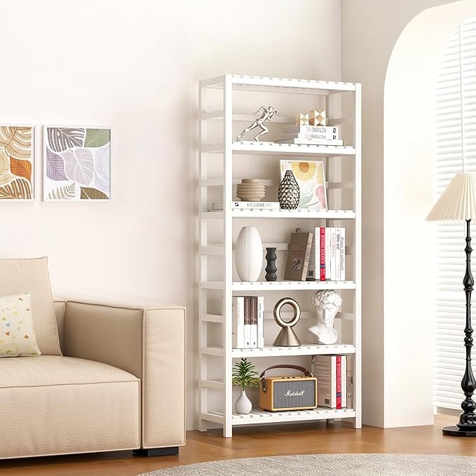 VASMIA 6-Tier Bamboo Shelf,Bamboo Storage Shelving Unit,Tall Bookcase with Adjustable Shelves,Multipurpose Storage Display Shelf for Bathroom, Living Room, Balcony, Kitchen,White