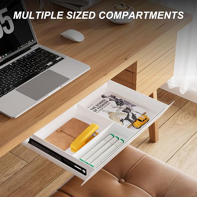 White Under Desk Drawer with Removable Tray, 15.4" Wide 2-in-1 Organizer