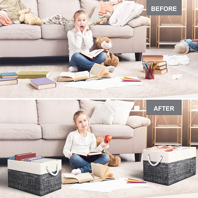 Fab totes Storage Bins 6-Pack, Foldable Storage Baskets for Organizing Toys, Books, Shelves, Closet, Large Storage Box with Rope Handles, Sturdy Organizer Bins, White & Black