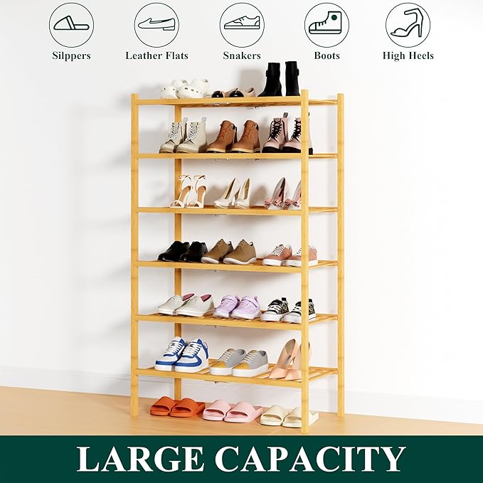 Smiry Bamboo Shoe Rack, 6 Tier Free Standing Wooden Shoe Organizer, Stackable Wood Shoe Storage Shelf for Closet, Entryway, 14 Vertical Slats, 2+2+2 Stack Heavy-Duty Legs, 26.8"x11"x39", Natural