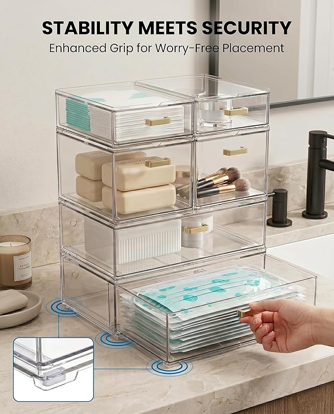 LALOBLUE Stackable Storage Drawers, 6 Pack Clear Acrylic Organizer Bins with Golden Handles, Multi-Size Plastic Drawers for Makeup, Vanity, Kitchen, Bathroom, Office, Pantry Organization and Storage