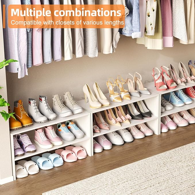 X-cosrack 2 Pack 2-Tier Shoe Rack Organizer for Closet, Expandable and Adjustable White Shoe Rack, Stackable Iron Wood Combination Shoe Storage Shelves for Closets, Entryway, Small Space, Garage