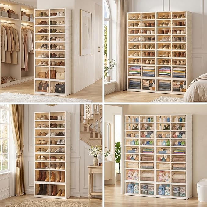 Foldable Shoe Rack with Doors, Stackable Plastic Shoe Organizer, Large Clear Shoe Storage Boxes for Closet and Entryway, Portable Collapsible Shoe Cabinet 9 Tiers, 27Pairs
